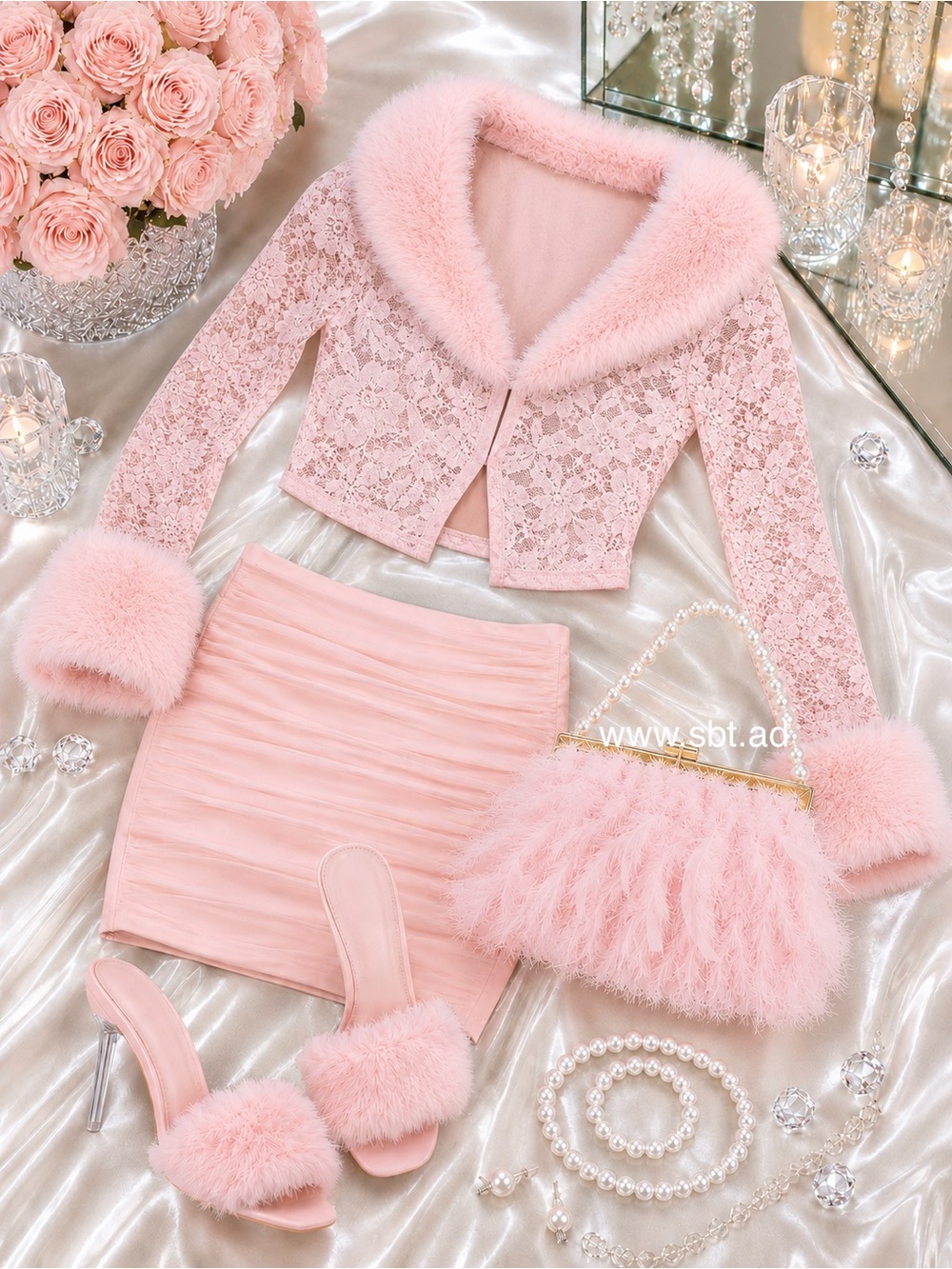 NWT 2PC Feather & Lace Skirt Set Beautiful Pink Matching Purse & Shoes +Gift - Picture 9 of 14